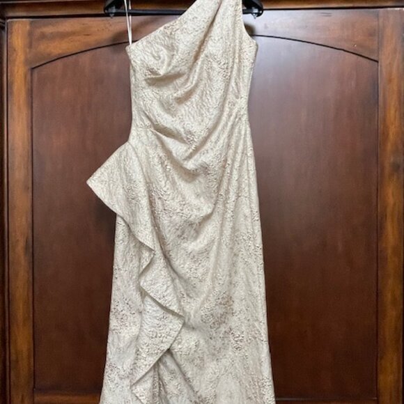 Teri Jon by Rickie Freeman Jacquard One Shoulder Side Ruffle Gown, GOLD - Picture 2 of 4